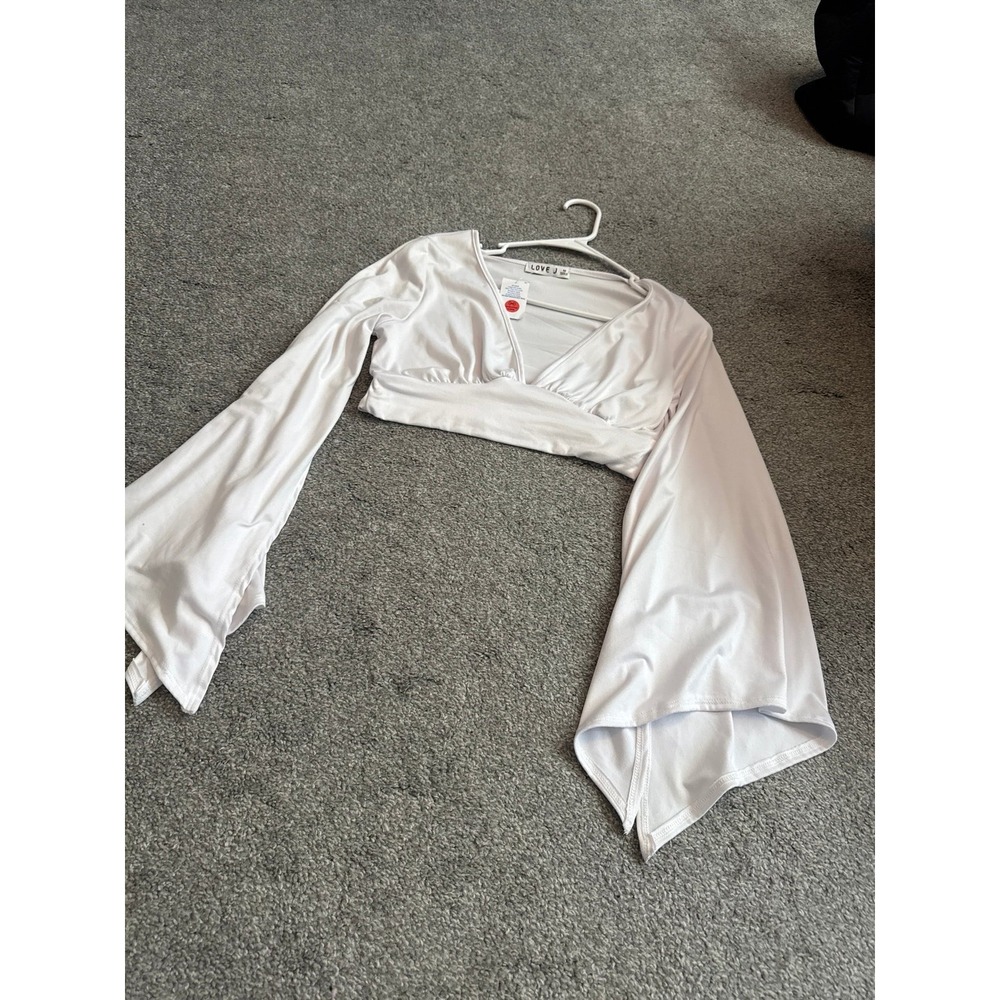 Love J White Long Sleeve V-Neck Bell Sleeve Crop Top Medium NWT